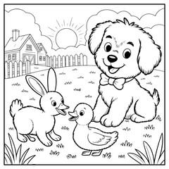 Coloring Page Outline Of a dog, rabbit, chicken and a duck