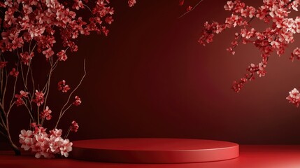 Red podium on red stage background, empty product display. Minimal scene for model products, stage showcase, promotion display.