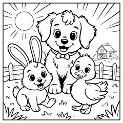 Black and white illustration for coloring book with cute dog and duckling