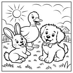 Black and white illustration for coloring book with cute dog and duckling