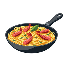 Color vector illustration of seafood pasta with shrimp in a black pan. Concept of Mediterranean cuisine and gourmet food - protein rich - flavorful seafood dish. Great for restaurant branding