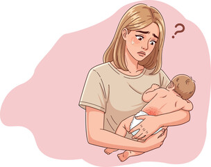 Anxious Young Mother with Newborn Baby Body Rash – Worried Mom Confused by Infant Skin Allergy, Pediatric Health and Motherhood Vector Illustration
