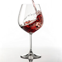 Red Wine Pouring into Crystal Glass, Splashing Liquid, Beverage isolated on white background