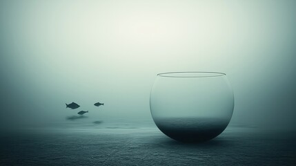 Fishbowl by the sea in a surreal misty landscape