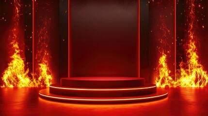 Red podium on red stage background, empty product display. Minimal scene for model products, stage showcase, promotion display.