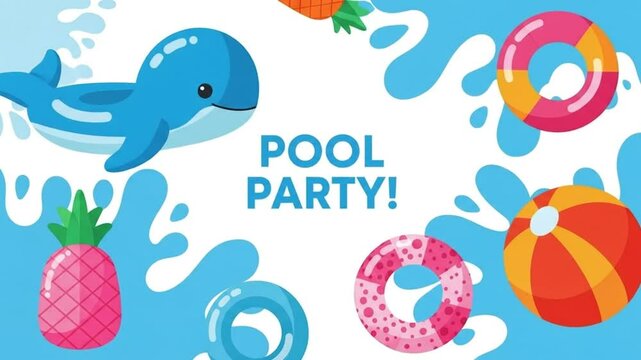 Vibrant Pool Party Invitation Design: Whimsical Summer Fun with Inflatable Whale, Colorful Beach Ball, Pineapple and Playful Water Splashes - Perfect for Kids' Events and Celebrations with a Festive