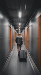 Traveler with suitcase walking through dim airport corridor..