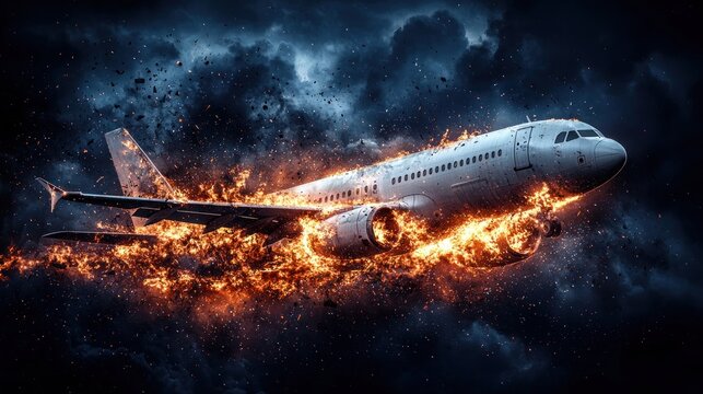 Fototapeta Airplane engulfed in flames, amidst stormy sky