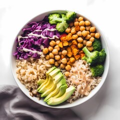 Clean vegan buddha bowl with brown rice, roasted chickpeas, avocado, steamed broccoli, purple cabbage, and tahini drizzle, top view, fresh and colorful, white surface background