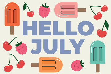 hello july text with ice cream, cherry and raspberry icons- vector illustration © chrupka