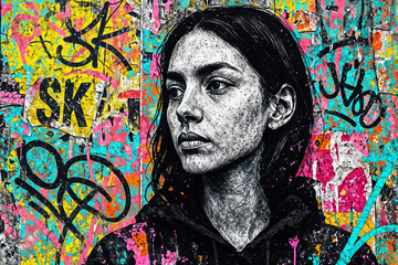 A graffiti-style portrait of a young woman with a textured, colorful background featuring bold and vibrant patterns.