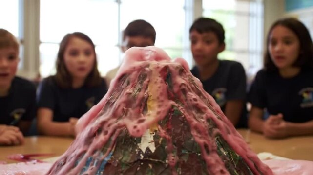 Exploding volcano science experiment in classroom 