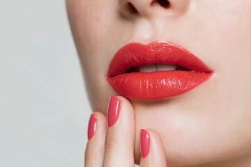 Naklejka premium Closeup of a womans face featuring glossy red lips white teeth and matching red nail polish on her fingers touching her chin