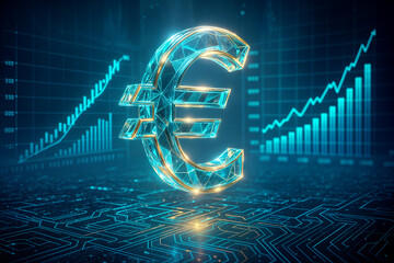 A digital, futuristic euro symbol against a backdrop of rising bar and line graphs, representing financial growth and technological advancement.
