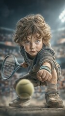 Little tennis player in action on the court in a packed stadium