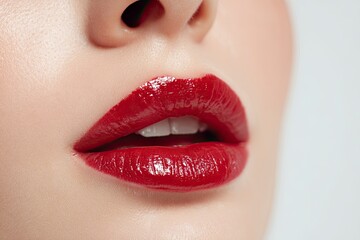 Fototapeta premium Closeup of a womans face featuring glossy red lipstick on slightly parted lips showcasing subtle teeth The skin has a fair complexion