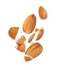 Levitation of whole and broken almonds in the air isolated on white background