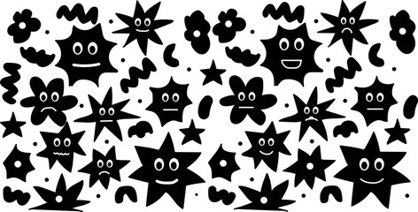 Groovy Funky Cartoon Black Element Set: Retro Hippie Vector Collection Featuring Cute Doodle Characters, Smile, Sparkles, Clouds, Saturn, and sad for Kids’ Stickers and Toys