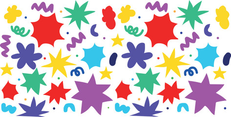 Bright and Playful Seamless Pattern Collection: Fun 90s-Inspired Geometric Backgrounds with Colorful Collage flower, Shapes and Childlike Doodle Elements