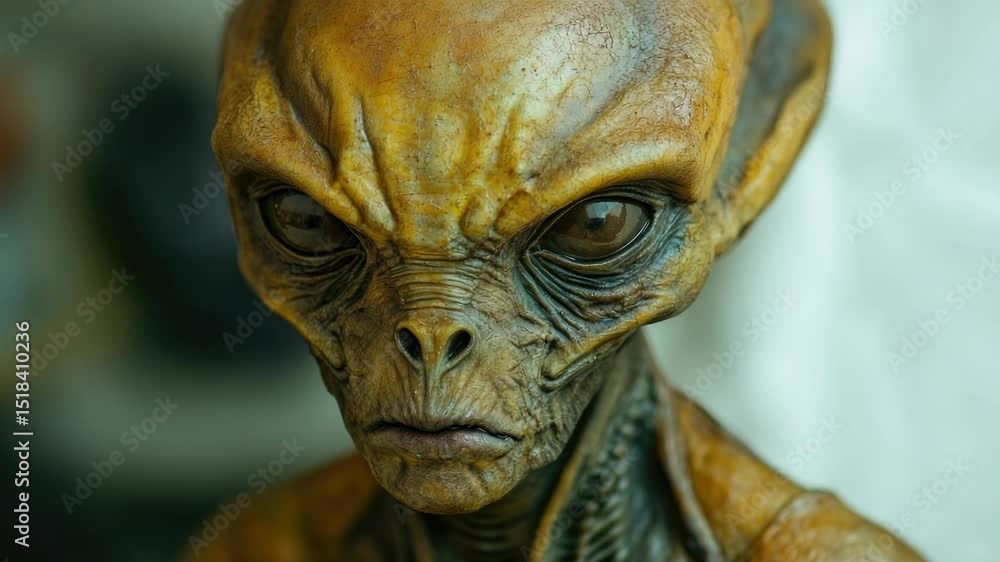 Poster a detailed view of a statue representing an extraterrestrial being