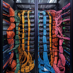 Digital information travels through fiber optic cables through the network and data servers behind glass panels in the server room of the data center. ...