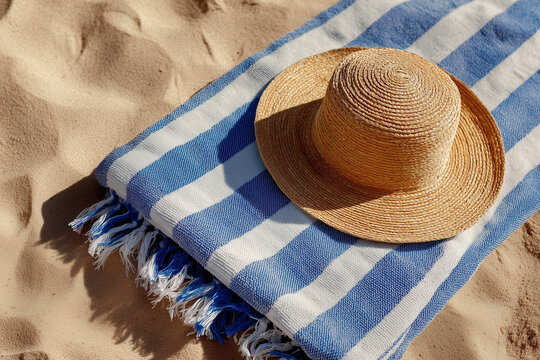 Blue And White Striped Beach Towel With Straw Sun Hat On Sandy Beach - Powered by Adobe