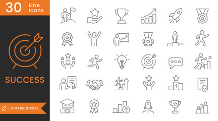 Success outline line style for Web icon set, Business Strategy successful icon collection, Teamwork, Achievement, Goal, Success, Editable Stroke