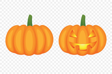 Vector Cartoon Pumpkins Collection with Carved Faces. Flat Colorful Pumpkin Stickers Set. Design Templates for Halloween, Fall, Harvest. Cute and Fun Simple Pumpkin Illustrations