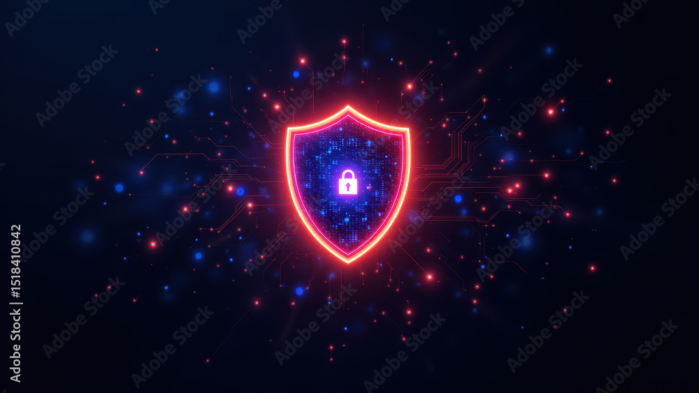 Poster cybersecurity shield with digital network design.