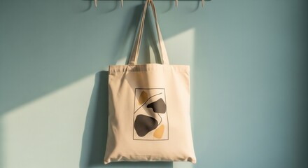 Canvas tote bag with abstract shapes hanging on blue wall