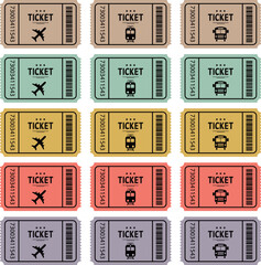 vector transport ticket icons isolated on white background. ticket templates of different colors. vintage plane, train, bus tornticket
