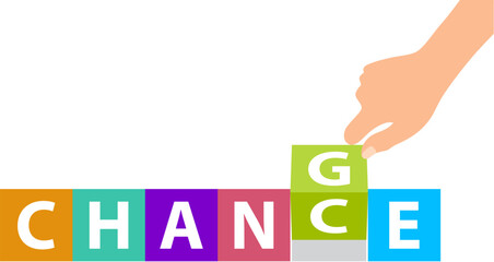 vector illustration of change and chance concept. turning the word "change" to "chance". one letter change. development, transformation, improvement, growth