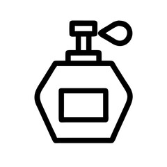 Elegant perfume bottle icon with hexagon shape and simple design. Perfume bottle illustration features a classic sprayer and rectangular label.