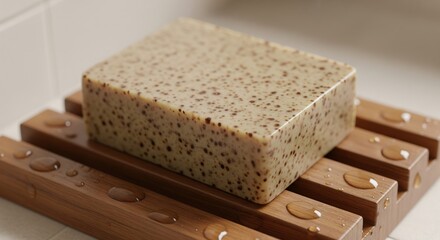 Close-up of exfoliating soap bar with speckled texture on wooden soap dish