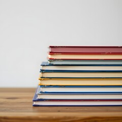 Fototapeta premium Stack of Books on Wooden Table: A neatly stacked pile of books of varying colors and sizes rests on a light brown wooden table, suggesting knowledge, learning.
