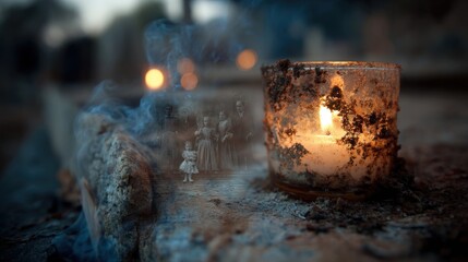Symbolic candlelight illuminates family connection on a gravestone