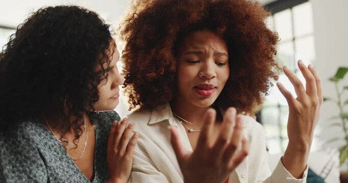 Woman, comfort and listening to sad friend for support, breakup and sympathy of depression. People, emotional and consoling person for relationship fail, broken heart and grief for breakdown at house