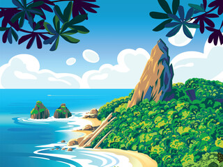 Tropical coastline landscape with palm trees, beach, waves, rocks, islands, clouds and the sea in the background. Handmade drawing vector illustration.  © alaver
