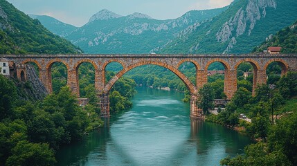 Arched bridge spans a river in mountainous terrain