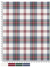 Elegant Plaid Fabric Swatch with Red Green and Blue Stripes on a Cream Background Displaying Measurements