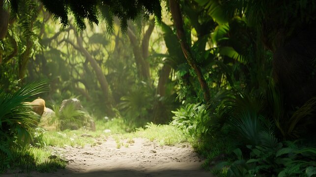 Lush tropical pathway through dense jungle