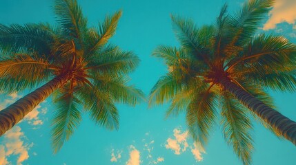 Two palm trees against a vibrant blue sky, low angle view