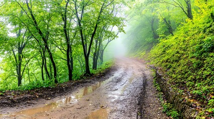Obraz premium Misty trail through a lush forest