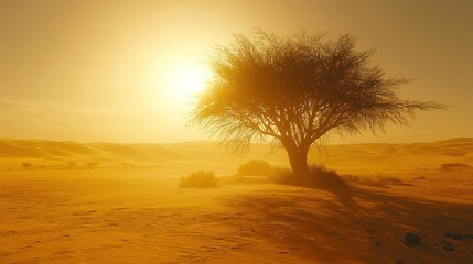 Arid land with tree at sunset in warm, hazy light