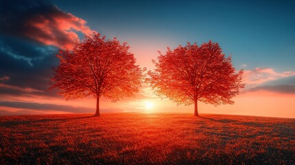 Two vibrant red trees at sunset