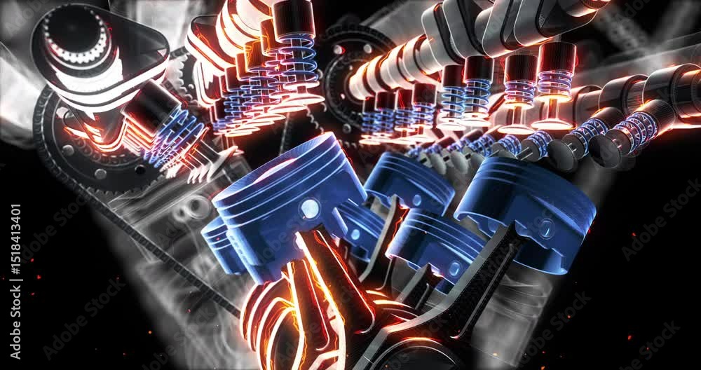 Aufkleber wireframe car animation with v8 engine parts in full motion. industry and technology related 3d anim