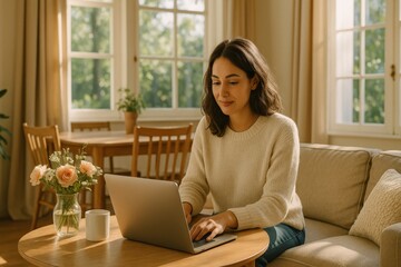 Obraz premium Sunlit coffee table workspace with a woman enjoying a productive session at home