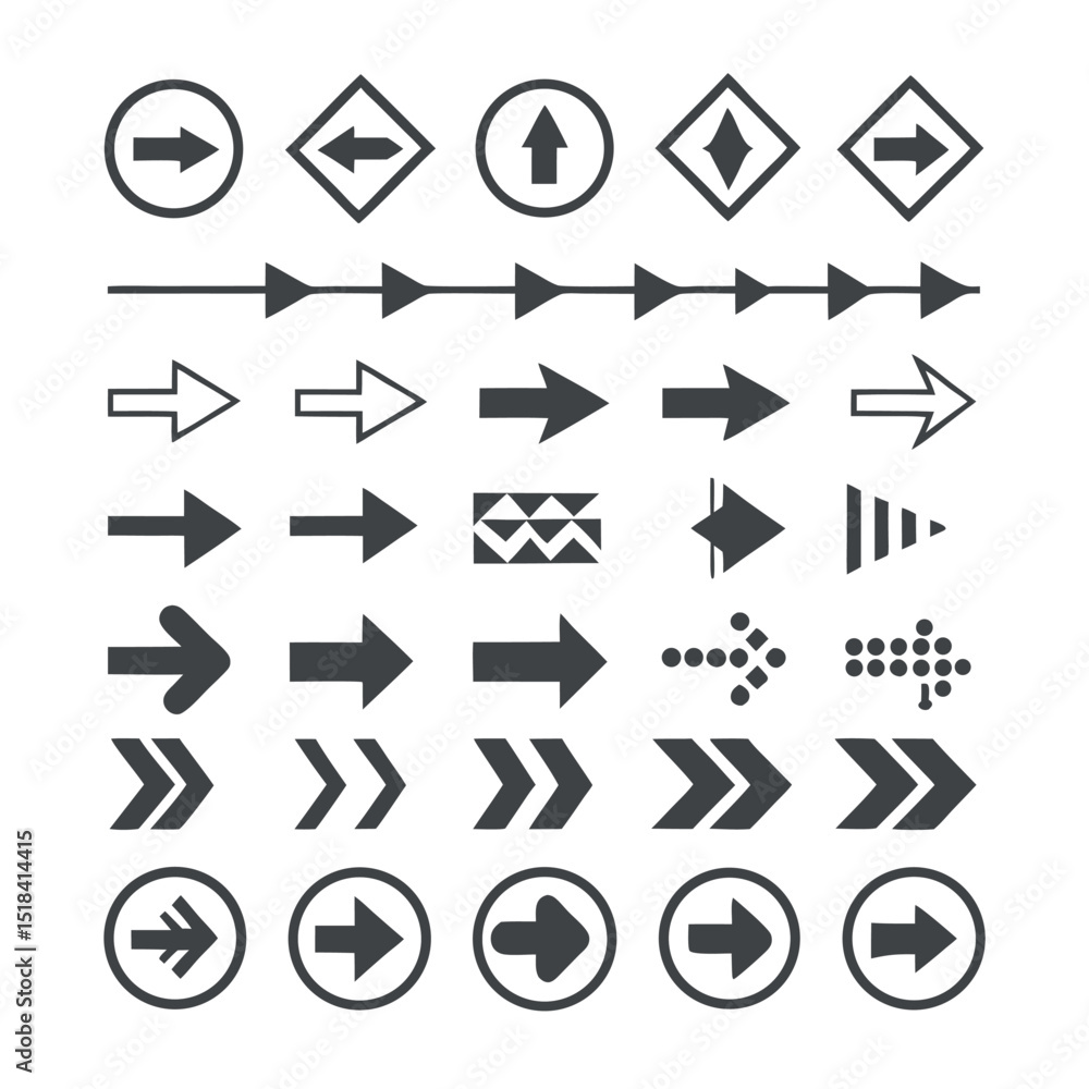 Wall mural set of modern and minimalist arrow icons in various shapes and directions for design use