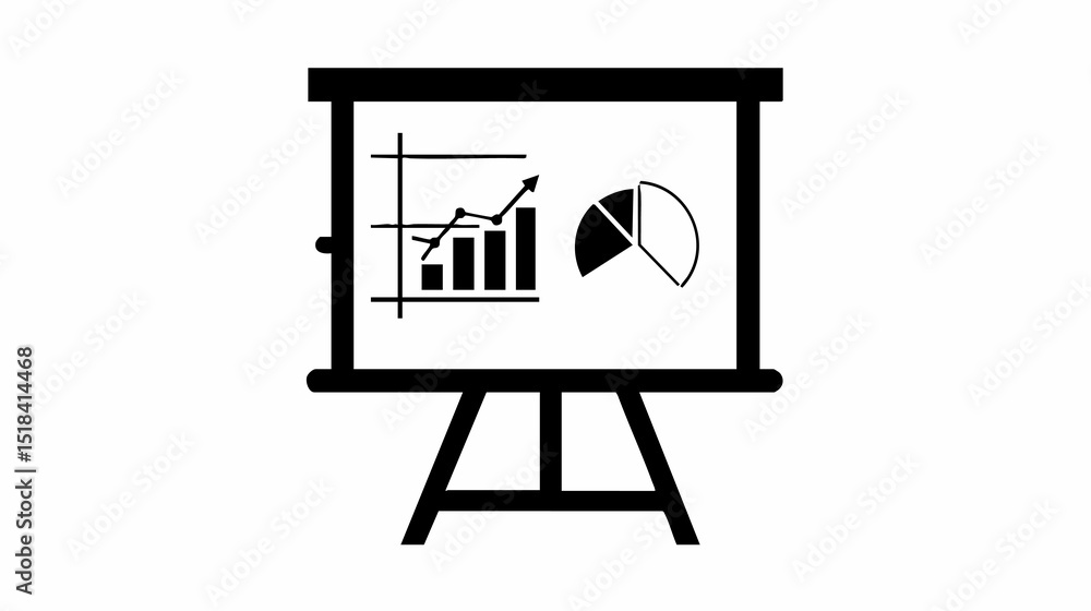 Poster black and white icon of a presentation board showing a bar chart with upward trend and a pie chart