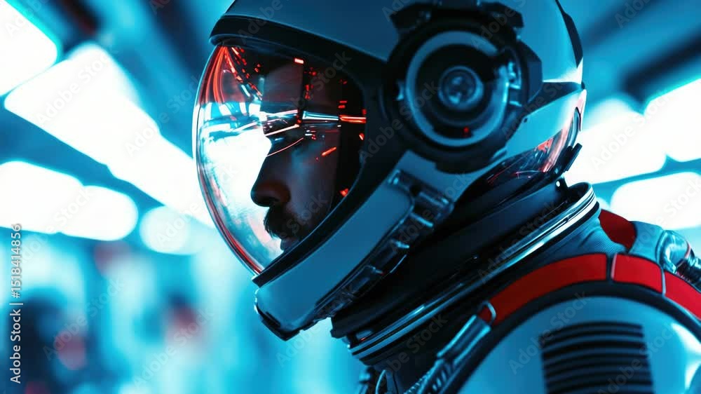 Poster a close-up shot of a person wearing a space suit, ideal for use in sci-fi or technology-related cont